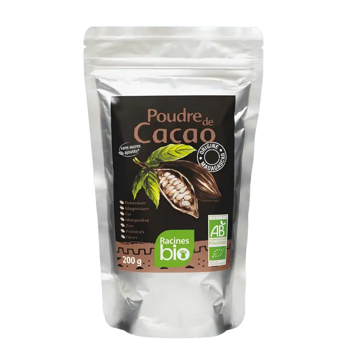 Poudre de cacao RACINES BIO non sucrée en sachet de 200g, issue de l'agriculture biologique, idéale pour pâtisserie et boissons chaudes.