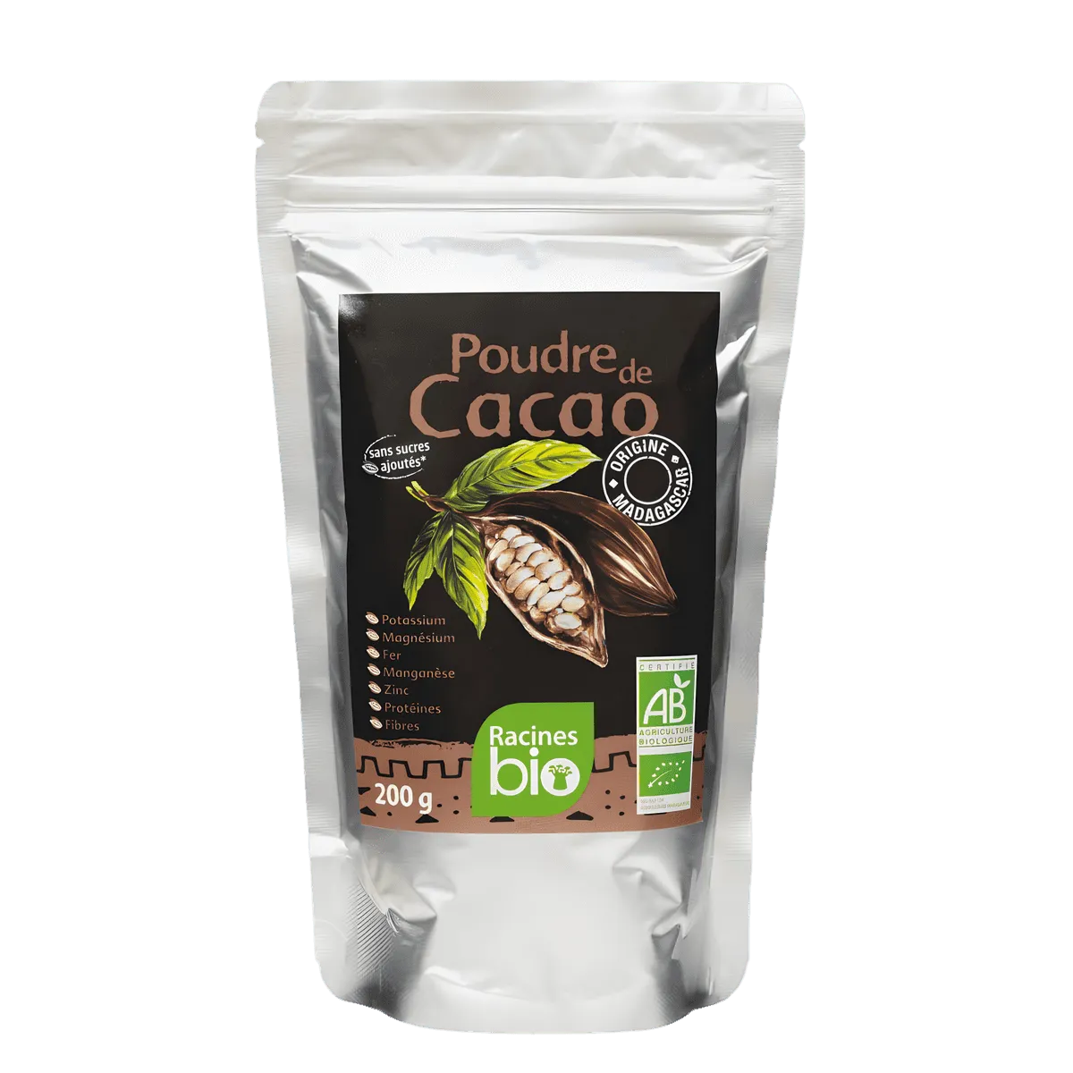 Poudre de cacao RACINES BIO en sachet refermable de 200g, issue de l'agriculture biologique, idéale pour recettes sucrées - ÉPICERIE SUCRÉE - NKOSI.