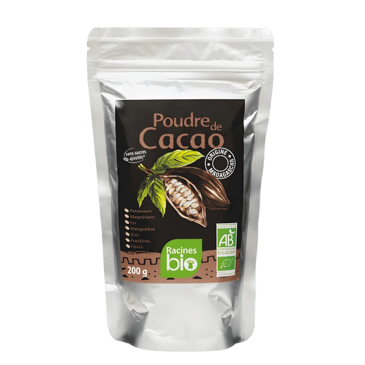 Poudre de cacao RACINES BIO en sachet refermable de 200g, issue de l'agriculture biologique, idéale pour recettes sucrées - ÉPICERIE SUCRÉE - NKOSI.