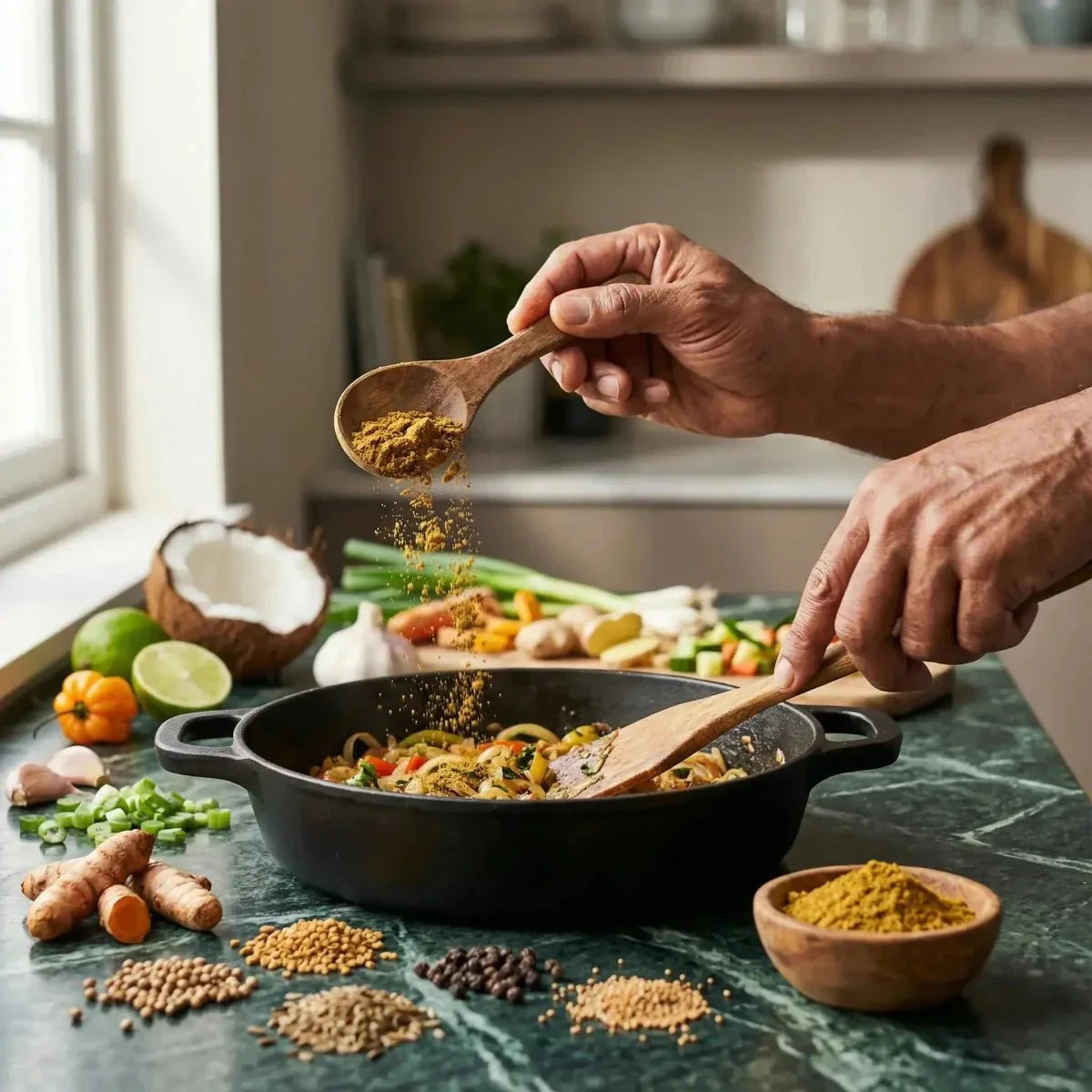 Polvo de Colombo Tonton Clément vertido sobre un plato de verduras. Coco, especias.