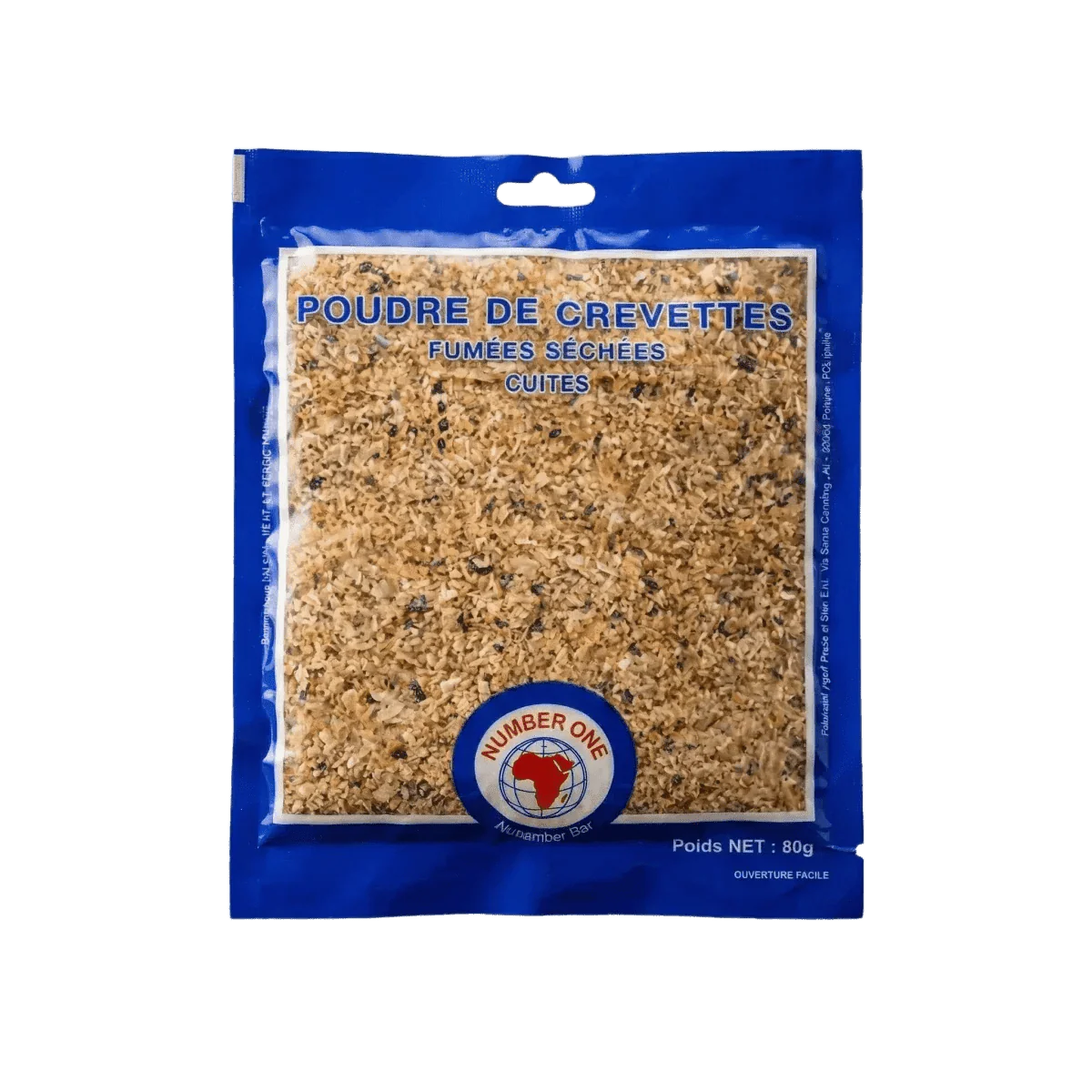 Sachet bleu de poudre de crevettes Number One, produit séché et fumé. Gros plan.