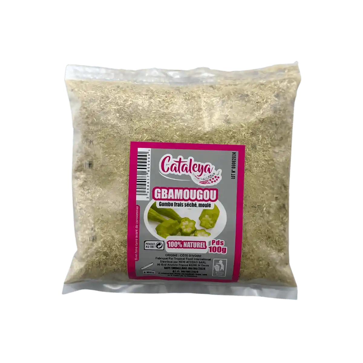 Poudre de Gombo - Texture Homogène et Naturelle, emballée en sachet de 100g, étiquette rose de la marque Cataleya visible.