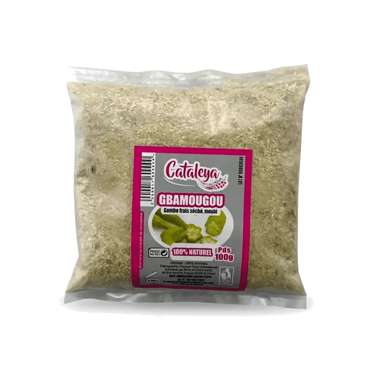 Sachet de poudre de gombo frais Gbamougou, marque Cataleya, sur fond vert.