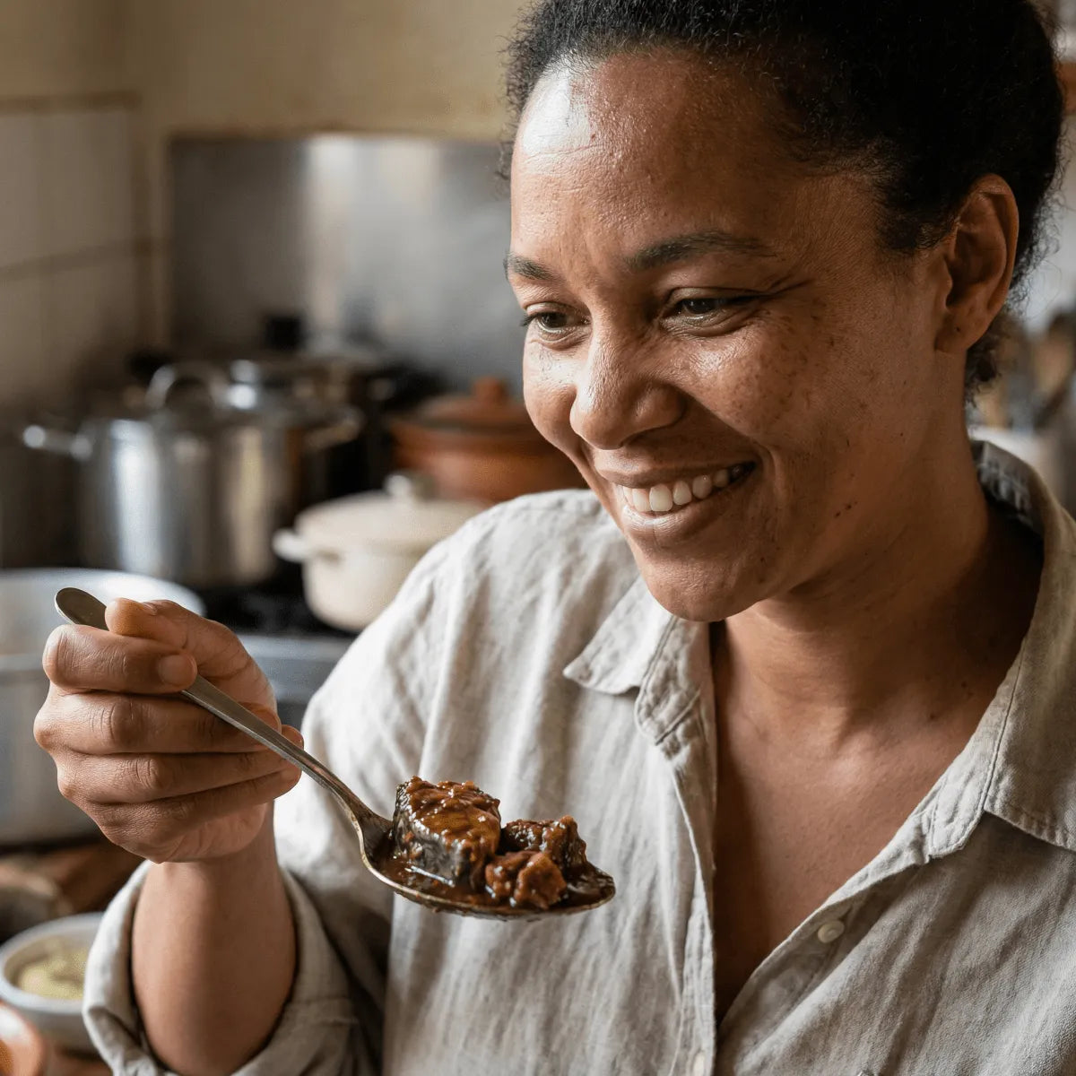 Femme souriante avec une cuillère de plat en sauce.