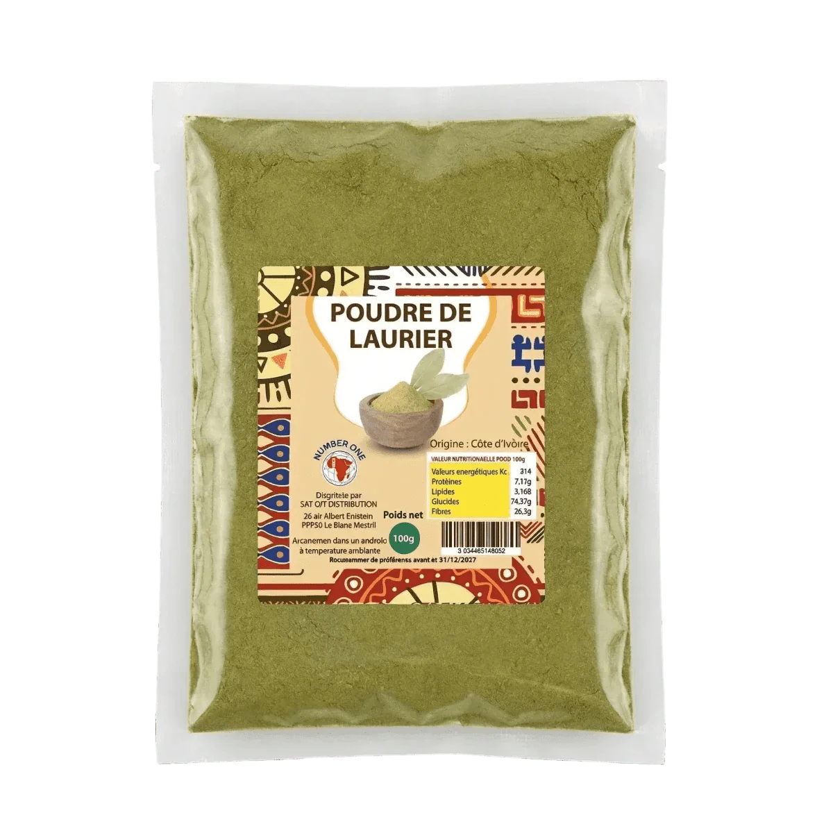 Gros plan d'un sachet de poudre de laurier NUMBER ONE, origine Côte d'Ivoire.