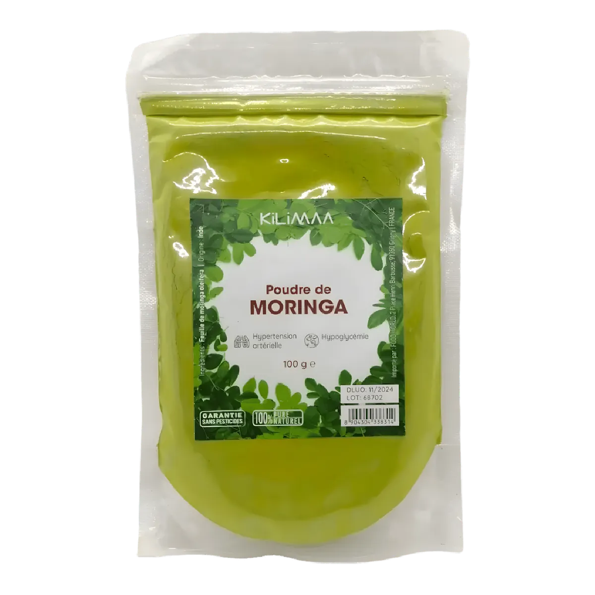Poudre de moringa KILIMA - Bio | Riche en nutriments dans un sachet refermable de 100g, idéale pour infusions et plats sains en épicerie salée.