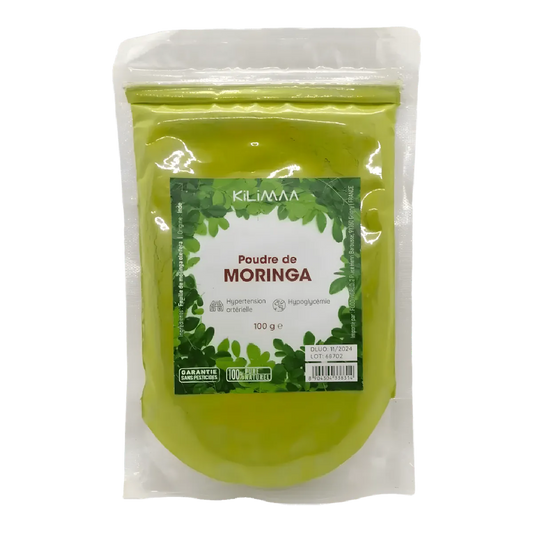 Poudre de moringa KILIMA - Bio | Riche en nutriments dans un sachet refermable de 100g, idéale pour infusions et plats sains en épicerie salée.