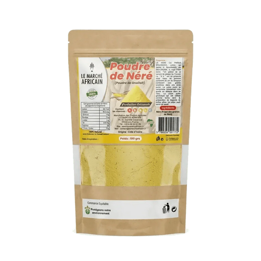 Néré-poeder van LE MARCHÉ AFRICAIN in een kraftzak met een productoverzicht.