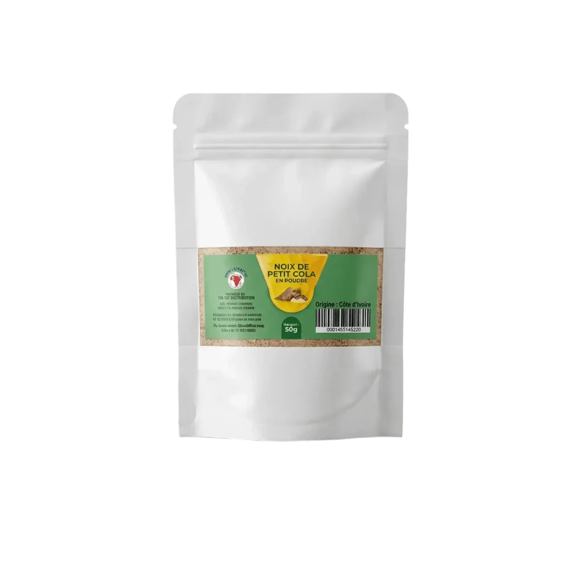 Bolsa blanca de polvo de cola pequeña de la marca TON YAT DISTRIBUTION, sobre fondo verde liso.