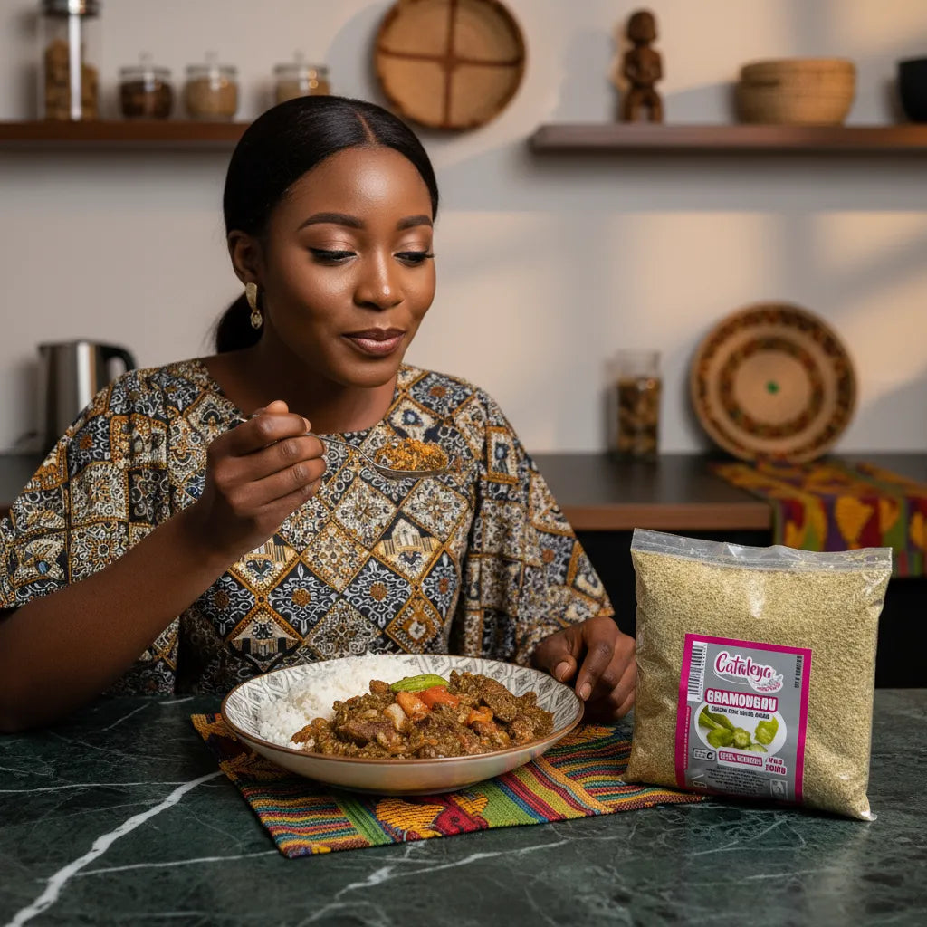 Femme dégustant un plat traditionnel épaissi avec la poudre de gombo Gbamougou, sachet visible sur la table à côté du plat.