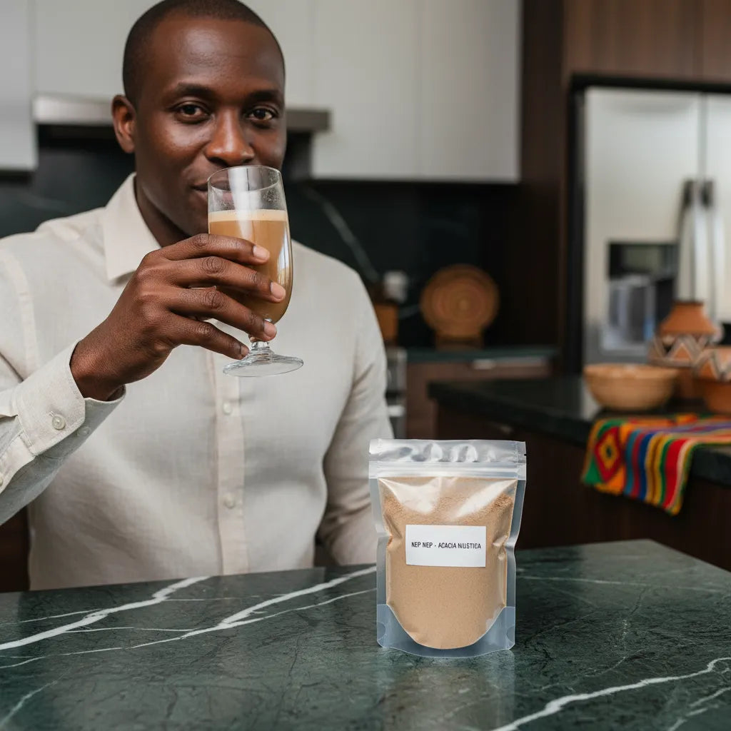 Homme dégustant une boisson préparée avec Nep Nep Poudre, épice africaine naturelle, dans une cuisine contemporaine décorée.