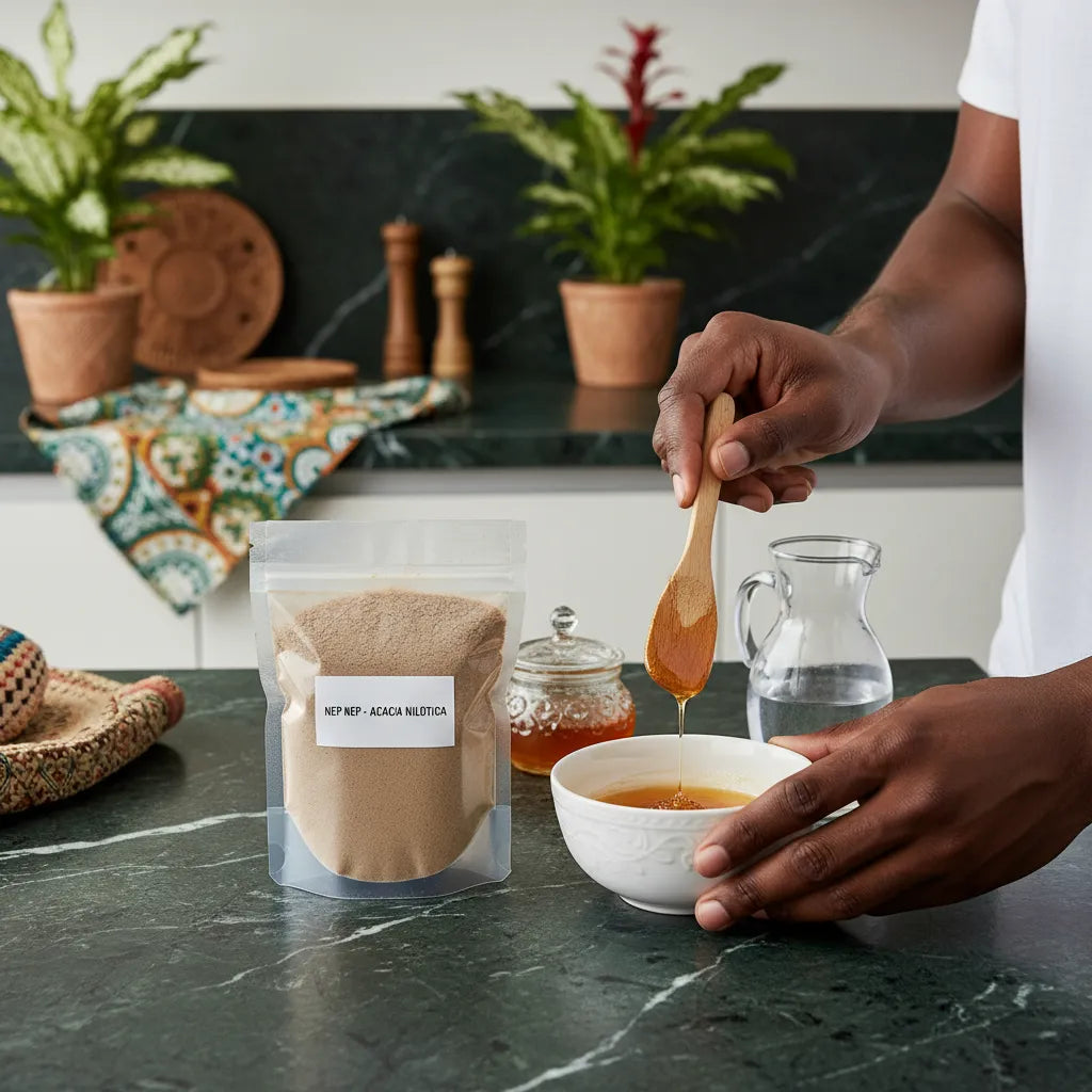 Préparation d'une infusion avec Nep Nep Poudre | Épice Africaine 100% Naturelle - NKOSI, miel et eau chaude dans une cuisine moderne.