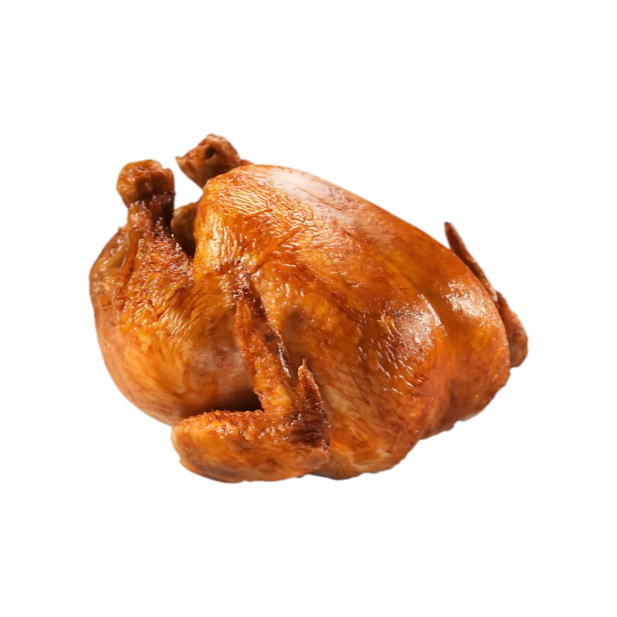 Poule fumée entière dorée prête à servir, viande savoureuse idéale pour plats mijotés ou grillés à base de volaille fumée.