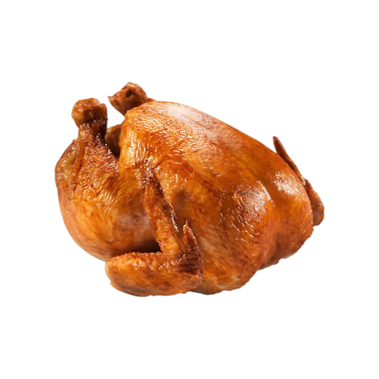 Poulet fumé entier doré et juteux, prêt à être servi. Volaille savoureuse pour repas traditionnels ou festifs.