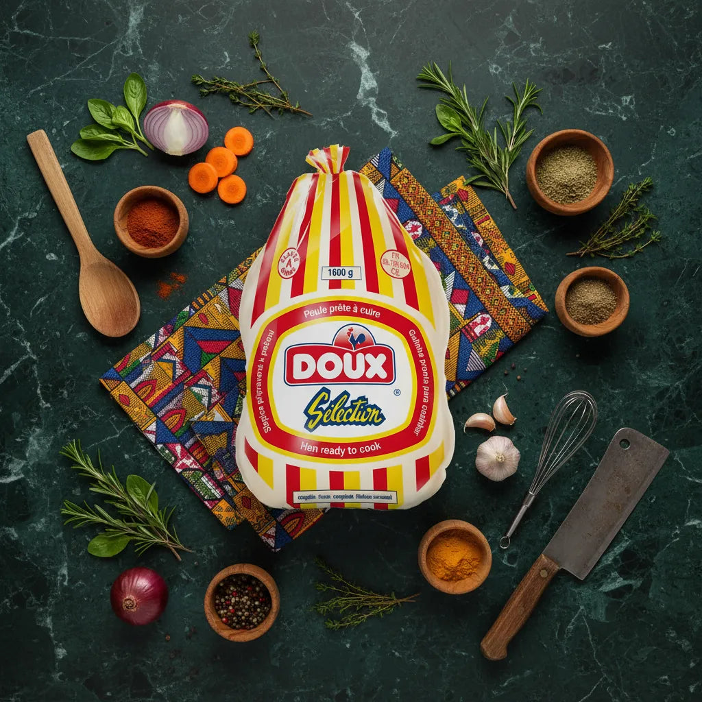 Poule Halal DOUX - Poule halal surgelée DOUX de 1600g entourée d'ingrédients frais et épices, parfaite pour une cuisine traditionnelle.