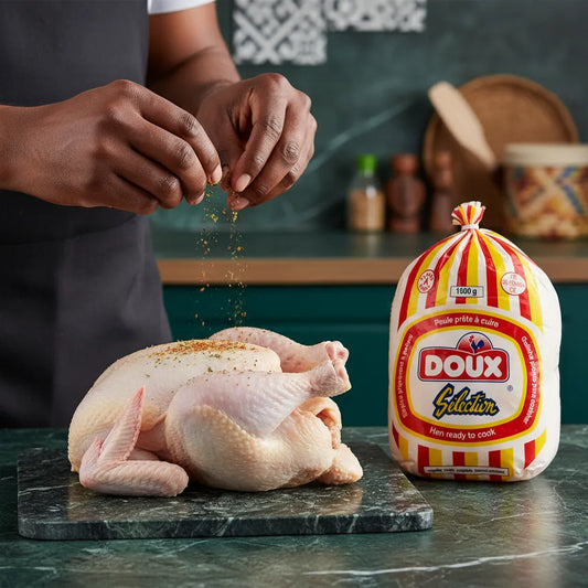 Poule Halal DOUX - Préparation culinaire avec poule halal DOUX crue sur planche, assaisonnée à la main, idéale pour plats mijotés.