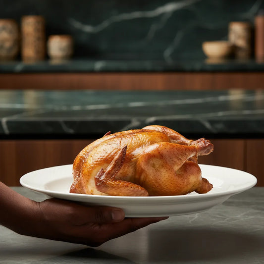 Coq fumé découpé servi sur assiette blanche, prêt à être dégusté. Volaille surgelée au goût fumé, parfaite pour repas familial ou festif.