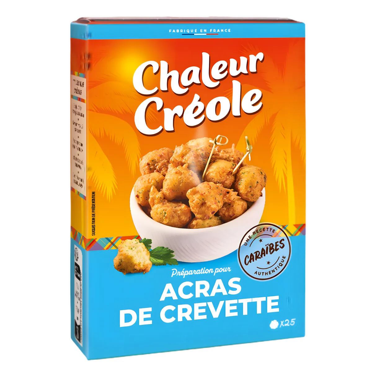 Préparation pour acras de crevette Chaleur Créole en boîte, mélange idéal à base de farine, épices et crevettes. Recette antillaise authentique.