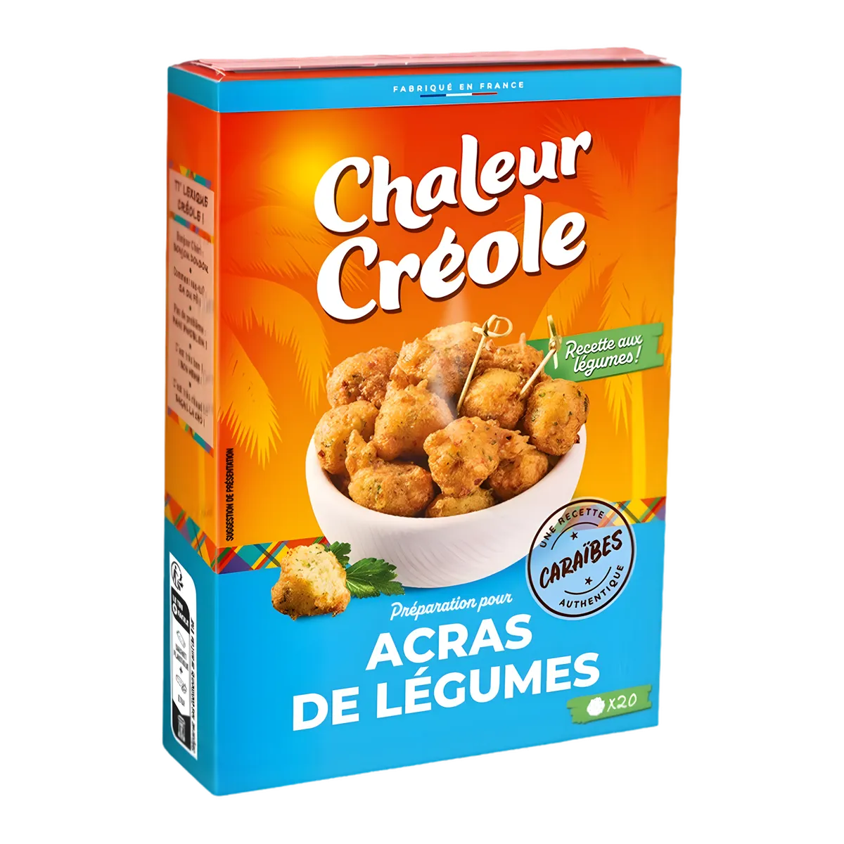 Préparation Acras Légumes - CHALEUR CREOLE, boîte colorée avec photo d'acras dorés, mélange d'épices pour snack créole authentique.