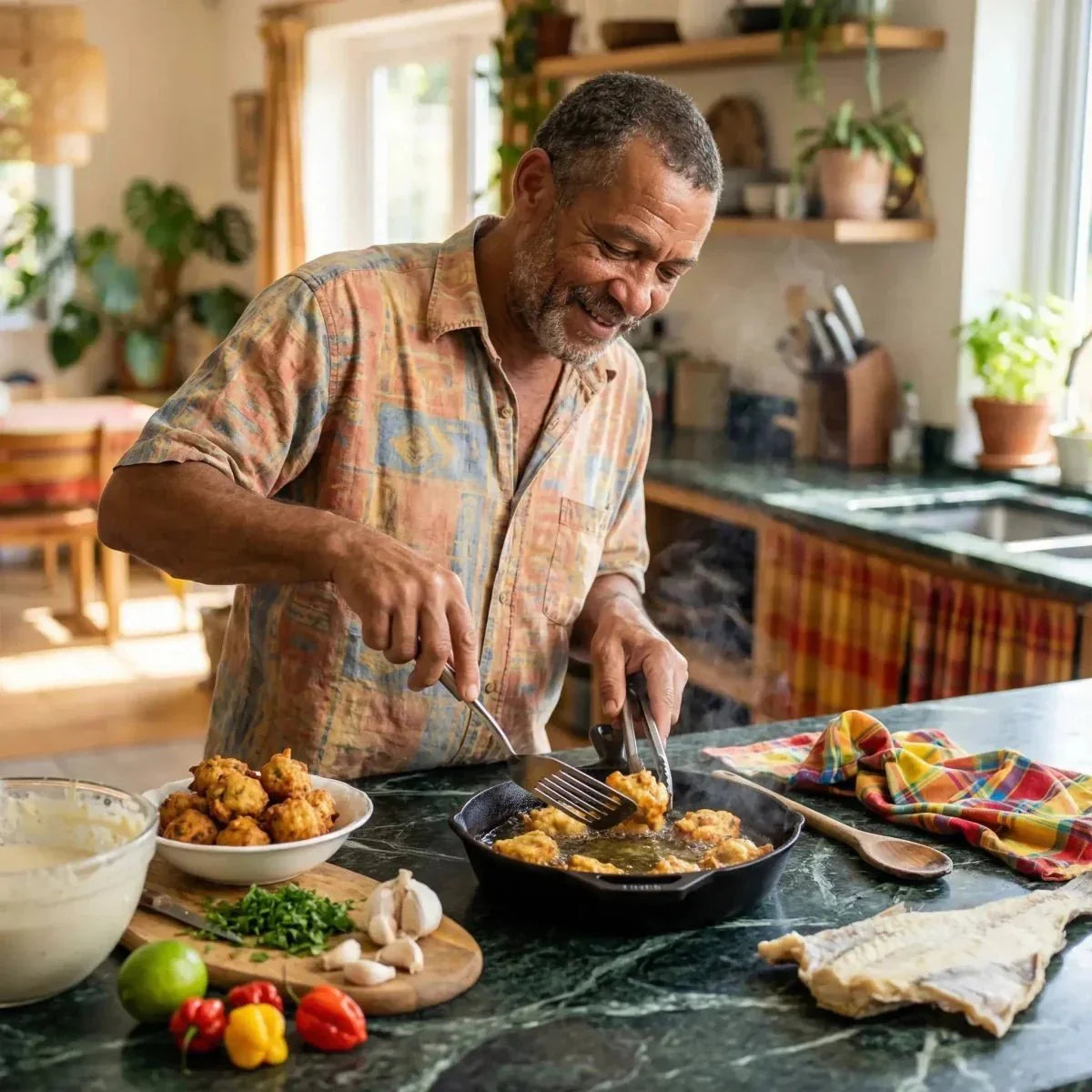 Zubereitung für Kabeljau-Acras von CHALEUR CREOLE, präsentiert im Set mit frischen Zutaten.