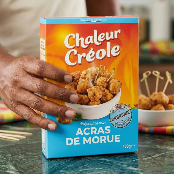 Préparation pour acras de morue de Chaleur Créole, présentée dans sa boîte colorée.