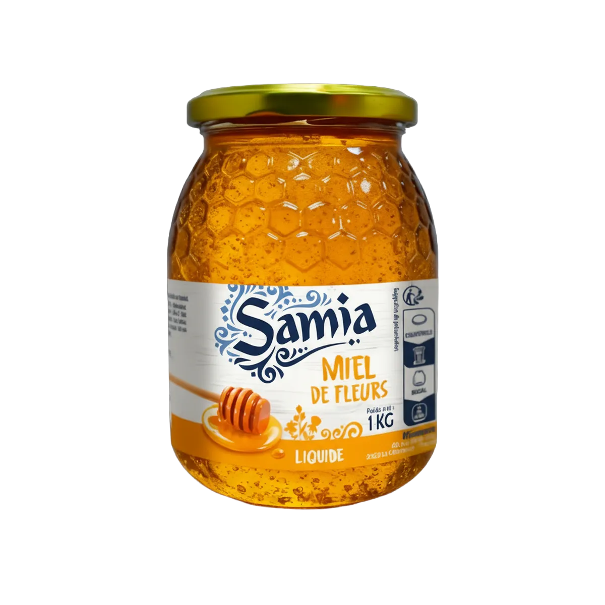 Pot de 1kg de miel de fleur SAMIA au design alvéolé, miel naturel à texture fluide, parfait pour l'épicerie sucrée et la cuisine.