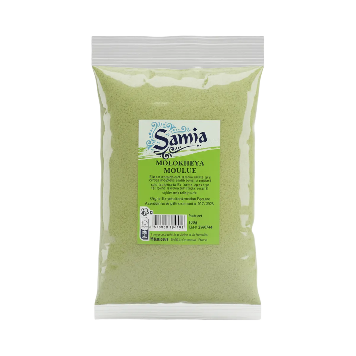 Molokheya moulu SAMIA - Poudre nutritionnelle en sachet de 100g, idéale pour l'épicerie salée et les plats traditionnels riches en saveur.