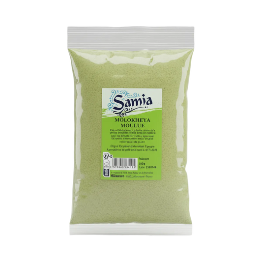 Molokheya moulu SAMIA - Poudre nutritionnelle en sachet de 100g, idéale pour l'épicerie salée et les plats traditionnels riches en saveur.
