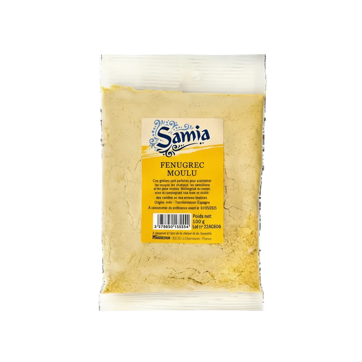 Fenugrec moulu SAMIA en sachet transparent de 100g, épice fine à la texture poudreuse et goût amer, idéale pour l’assaisonnement culinaire.