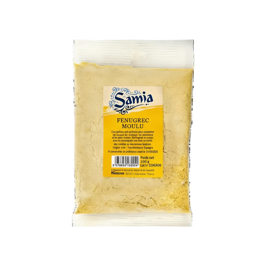Fenugrec moulu SAMIA en sachet transparent de 100g, épice fine à la texture poudreuse et goût amer, idéale pour l’assaisonnement culinaire.
