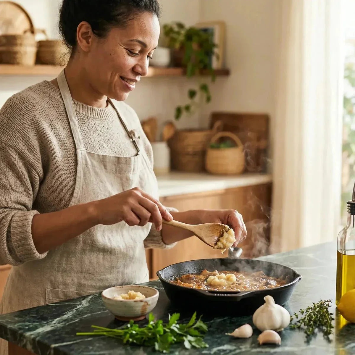 In una cucina, una donna prepara un piatto in una padella con la polpa d'aglio SOKOD'AIL.