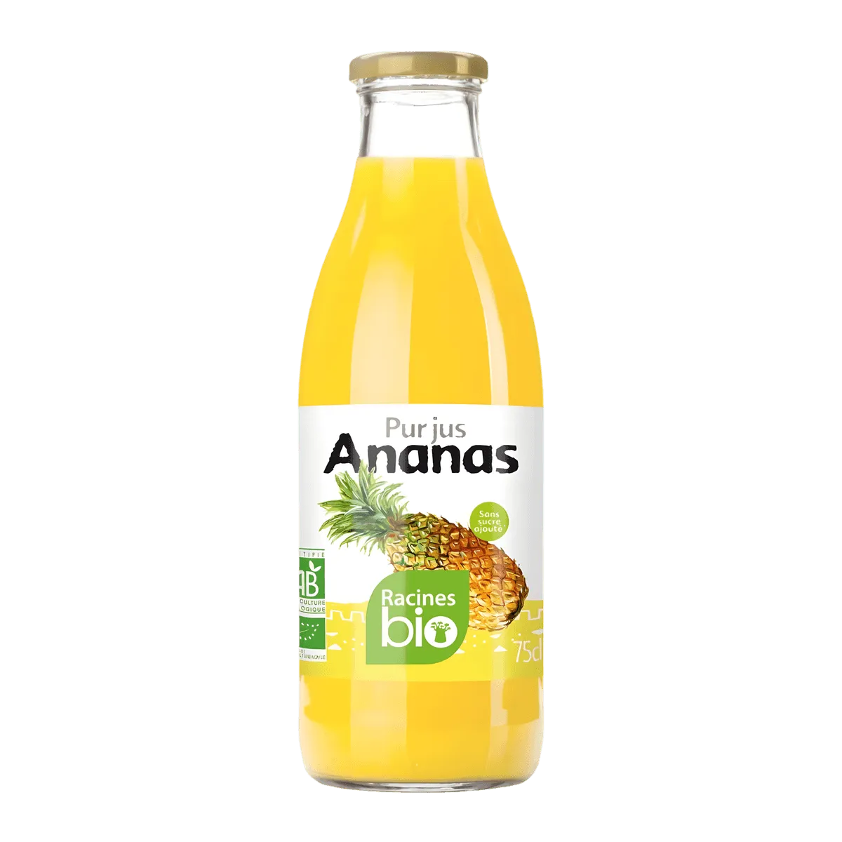 Bouteille de pur jus Ananas RACINES BIO 75cl, boisson naturelle sans sucre ajouté, idéale pour une consommation saine et rafraîchissante.