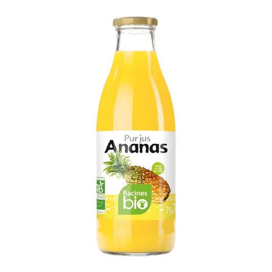Bouteille de pur jus Ananas RACINES BIO 75cl, boisson naturelle sans sucre ajouté, idéale pour une consommation saine et rafraîchissante.