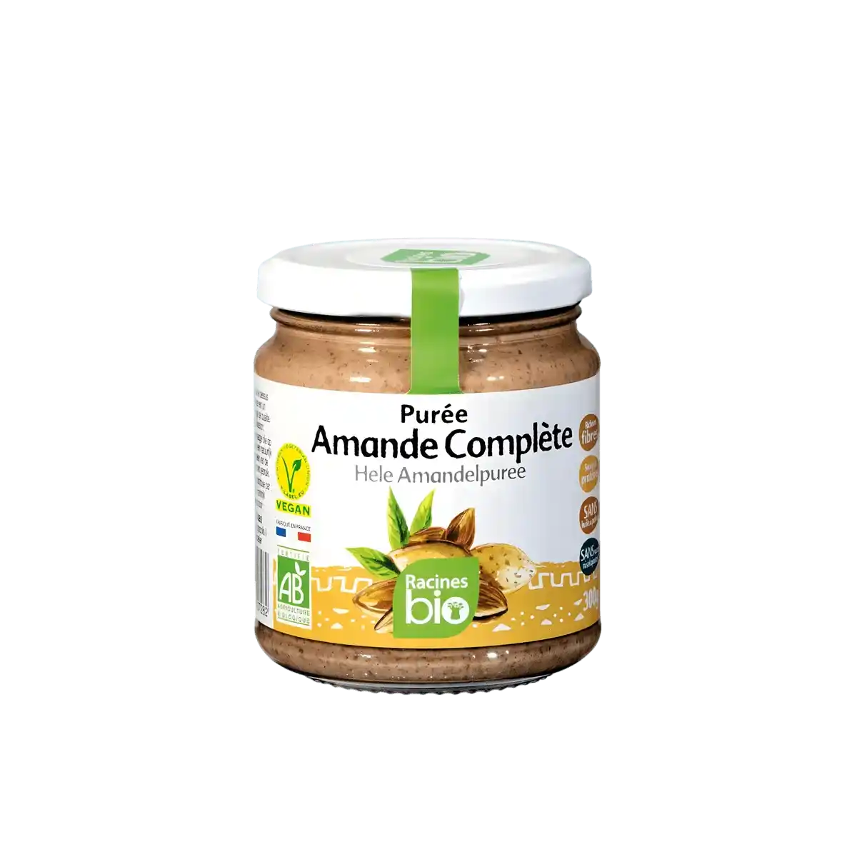 Purée Amande Bio - Complète RACINES BIO en pot 100% naturel, étiquette verte et blanche, idéale pour l'épicerie sucrée et les tartines saines.