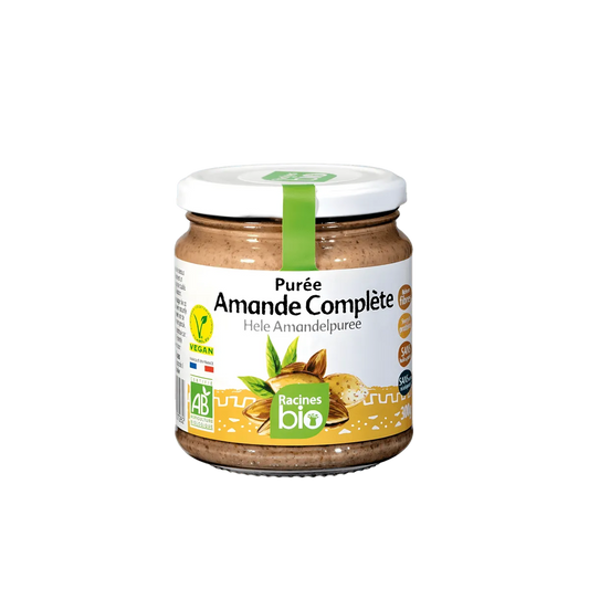 Purée d'amande complète RACINES BIO en pot en verre, produit d'épicerie sucrée 100% naturel, certifié bio et vegan, vendu par NKOSI.