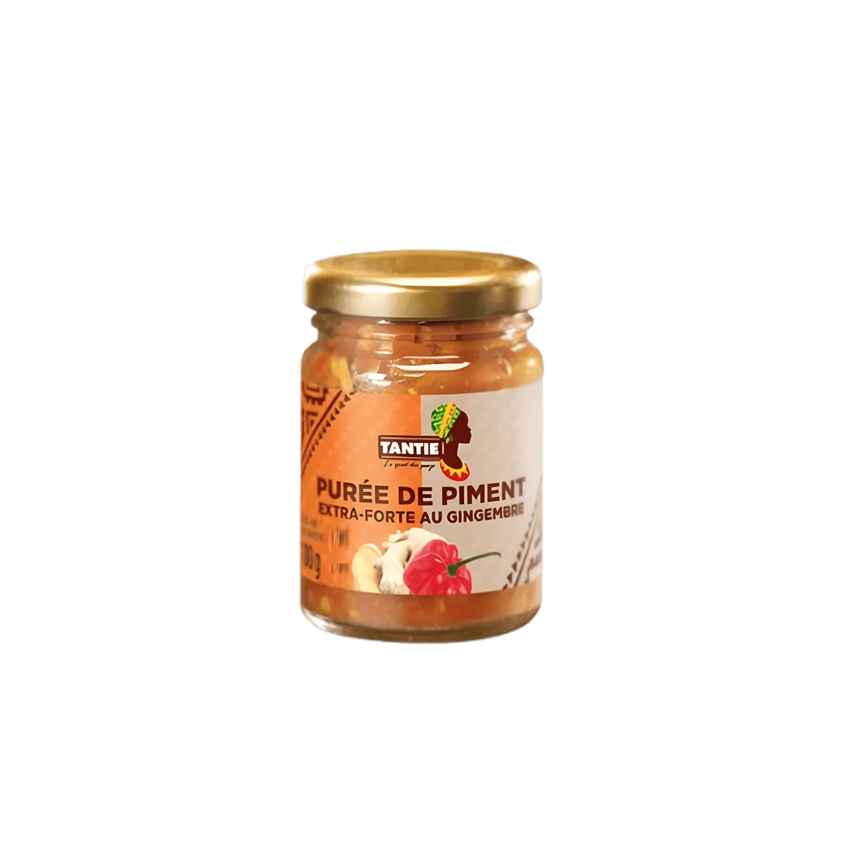 Purée de piments au gingembre TANTIE en bocal en verre avec couvercle doré, condiment épicé de l'épicerie salée NKOSI.