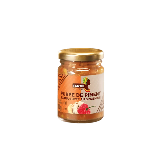 Purée de piments au gingembre TANTIE en bocal en verre avec couvercle doré, condiment épicé de l'épicerie salée NKOSI.
