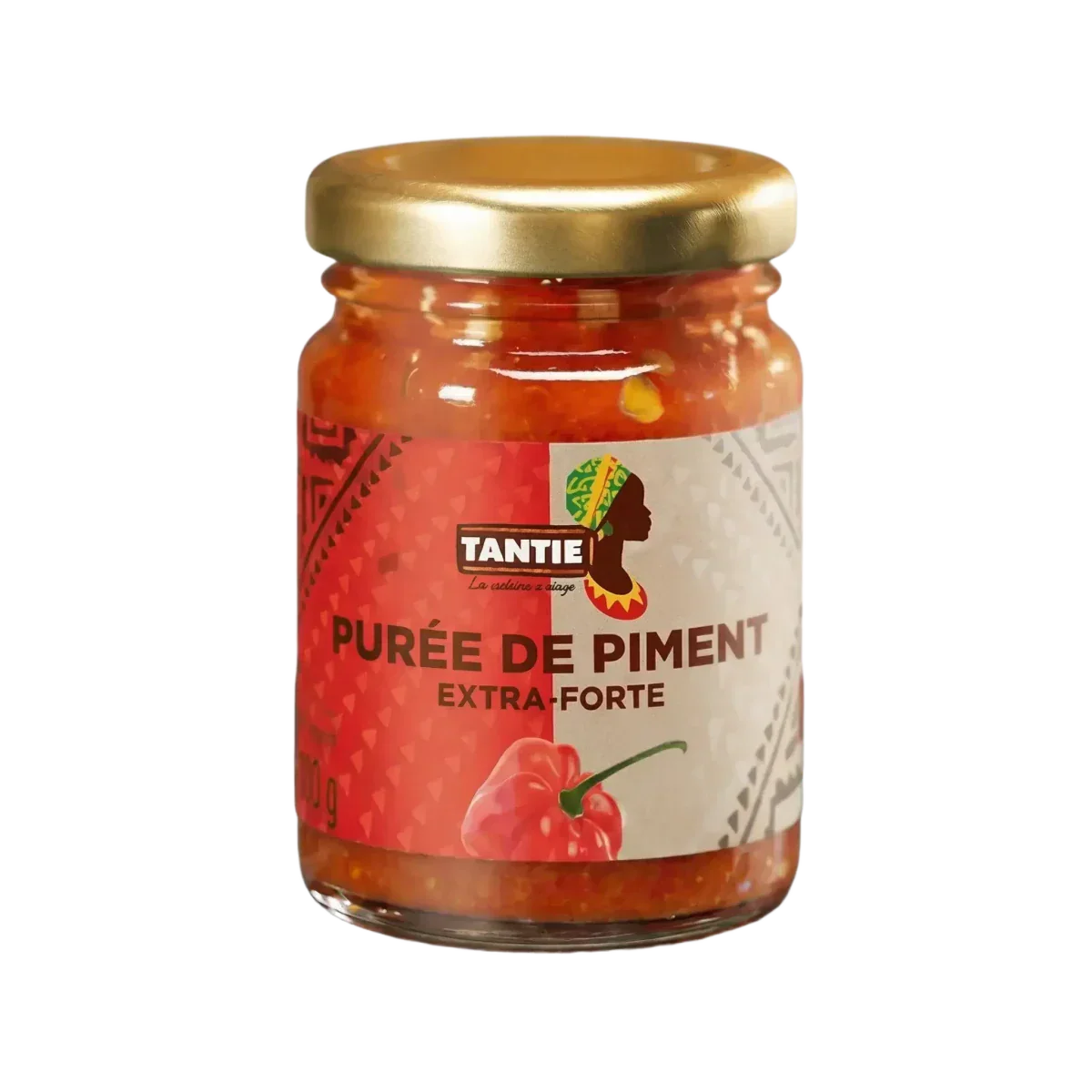 Extra sterke pepersaus TANTIE in een pot van 100g. De verpakking is rood.
