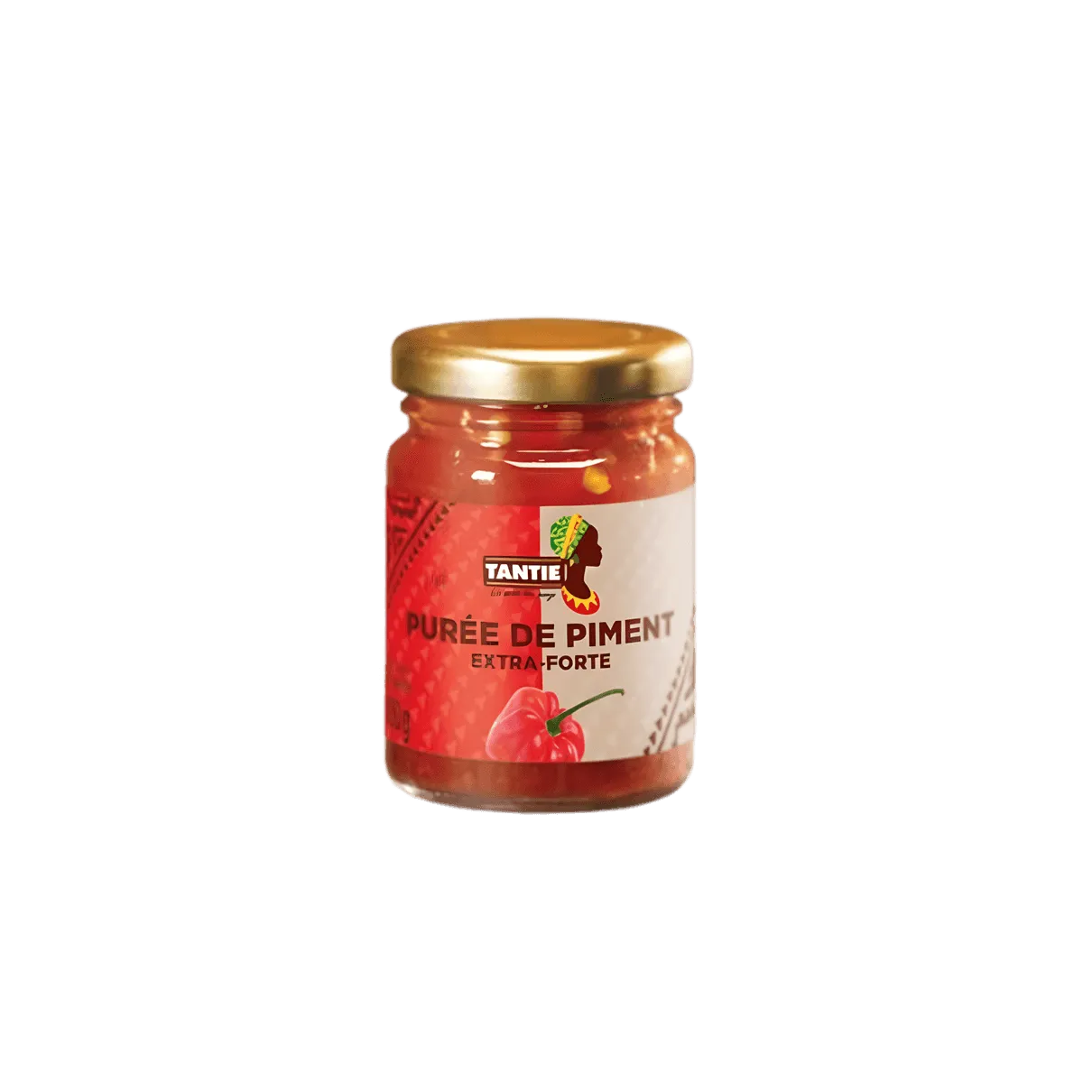 Purée de piments forte TANTIE en bocal en verre avec couvercle doré, condiment piquant de l'épicerie salée NKOSI, parfait pour relever les plats.
