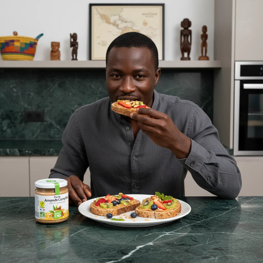 Homme dégustant une tartine à la purée d'amande complète RACINES BIO avec fruits frais, option saine et savoureuse pour l'épicerie sucrée.