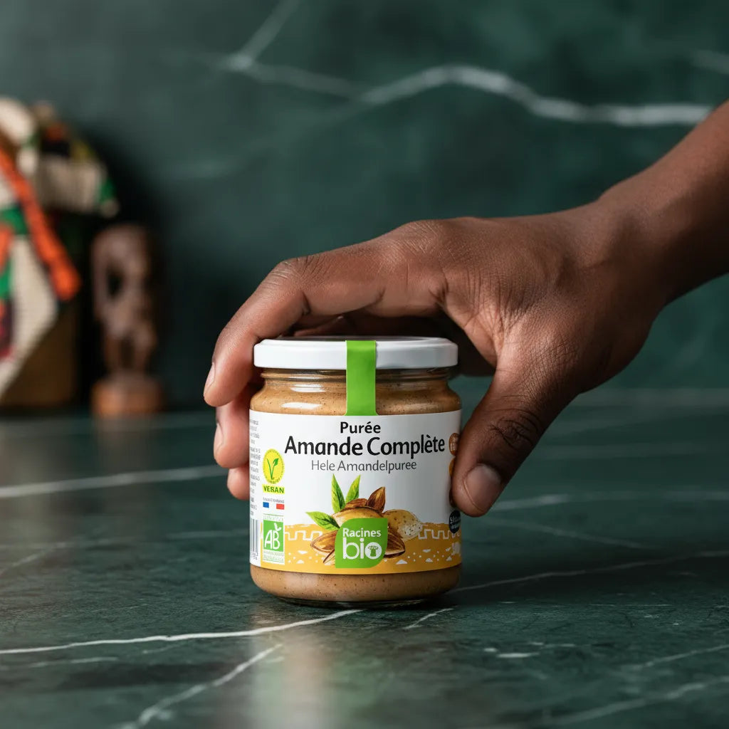 Main tenant un pot de purée amande bio complète RACINES BIO sur fond vert, produit naturel pour tartines et recettes saines en épicerie sucrée.