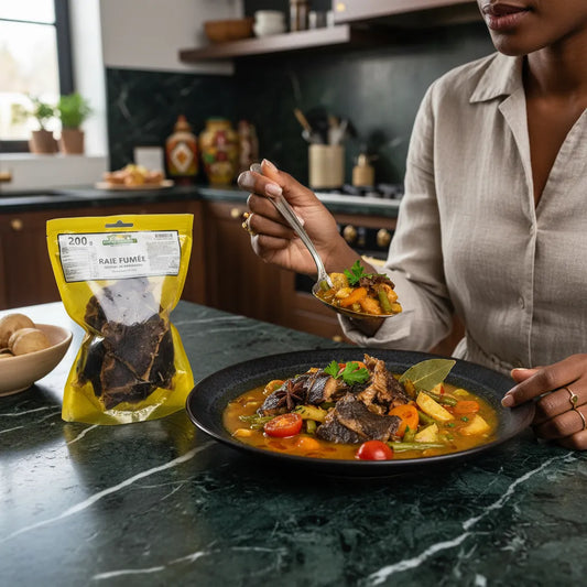 Raie fumée servie dans un plat mijoté aux légumes, dégustée à la cuillère, mettant en valeur sa texture tendre et goût fumé.