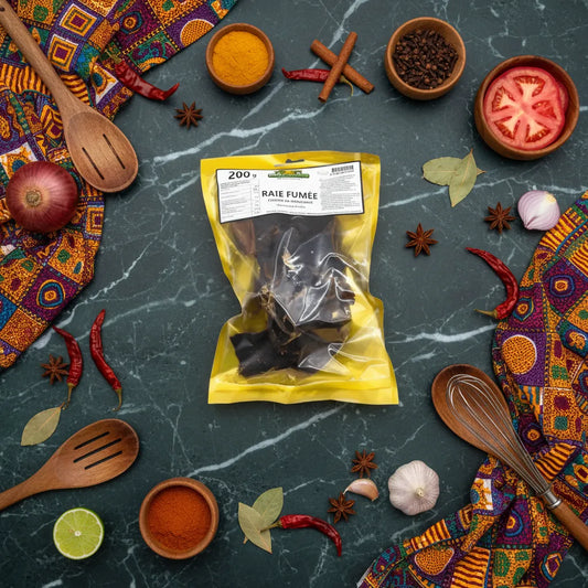 Raie fumée 200g au centre d'une composition culinaire avec épices et légumes, parfaite pour recettes exotiques et raffinées.