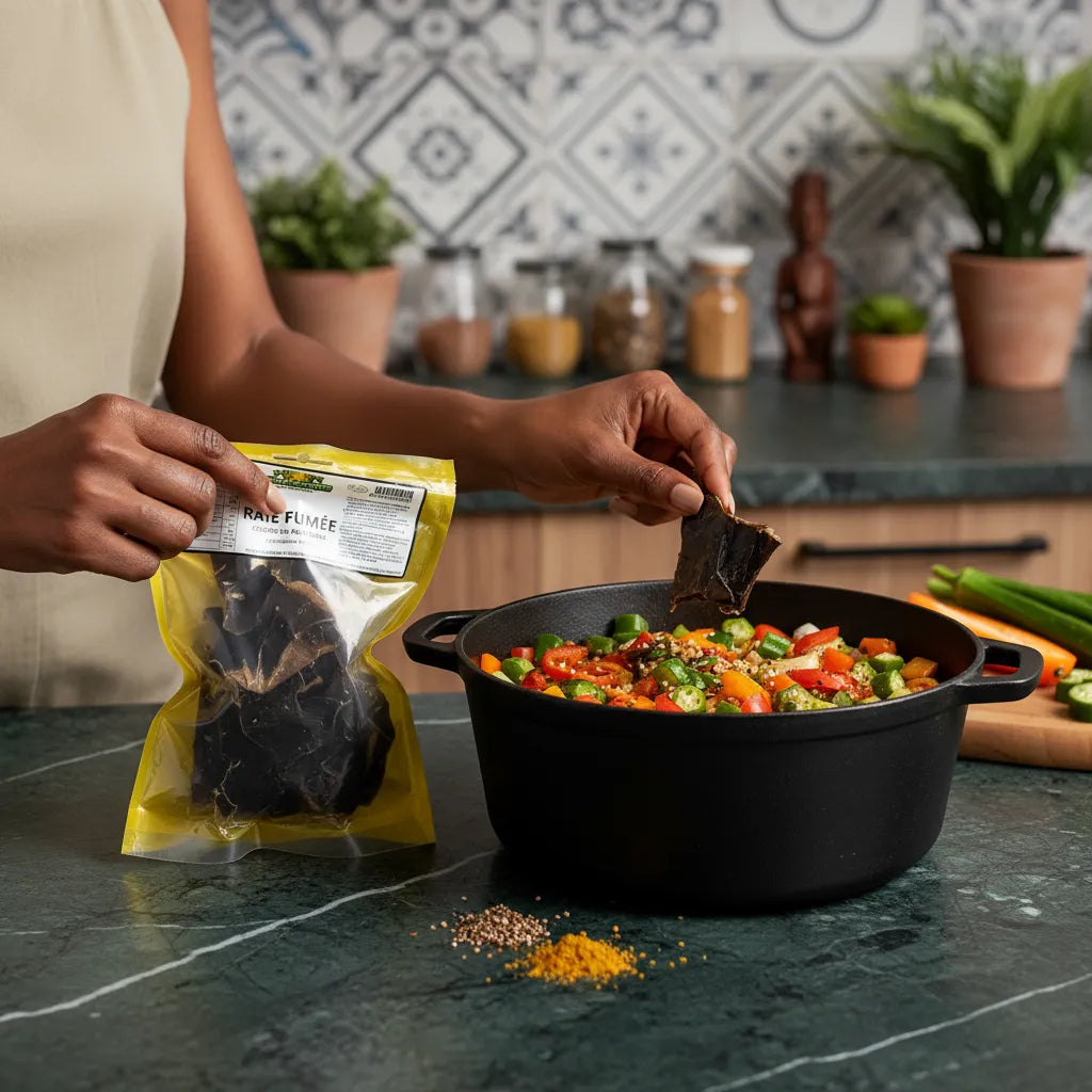 Raie fumée ajoutée à une marmite de légumes frais, ingrédient savoureux pour enrichir les plats traditionnels et modernes.