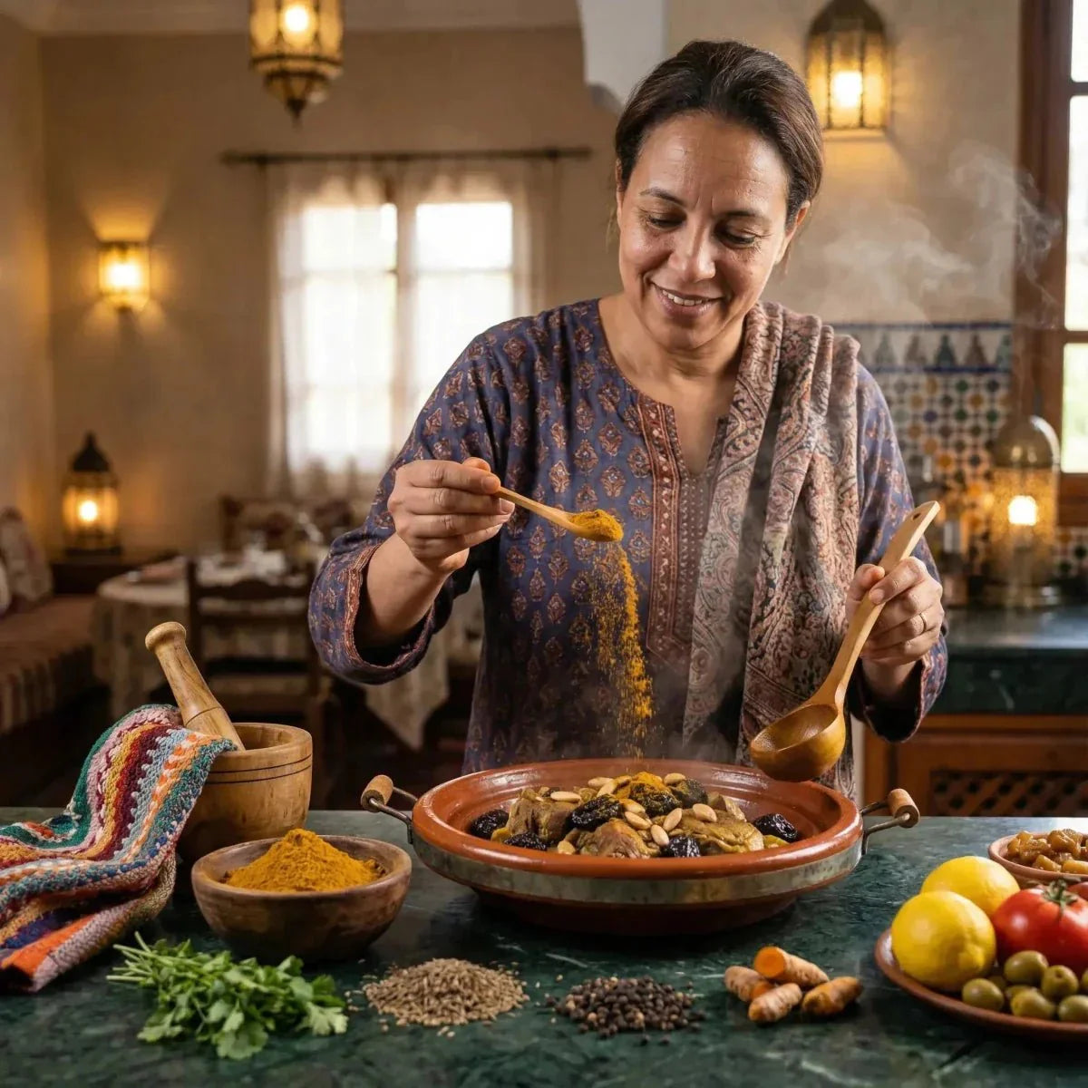 Raz el Hanout SAMIA: Una donna cucina un tajine, aggiungendo spezie.