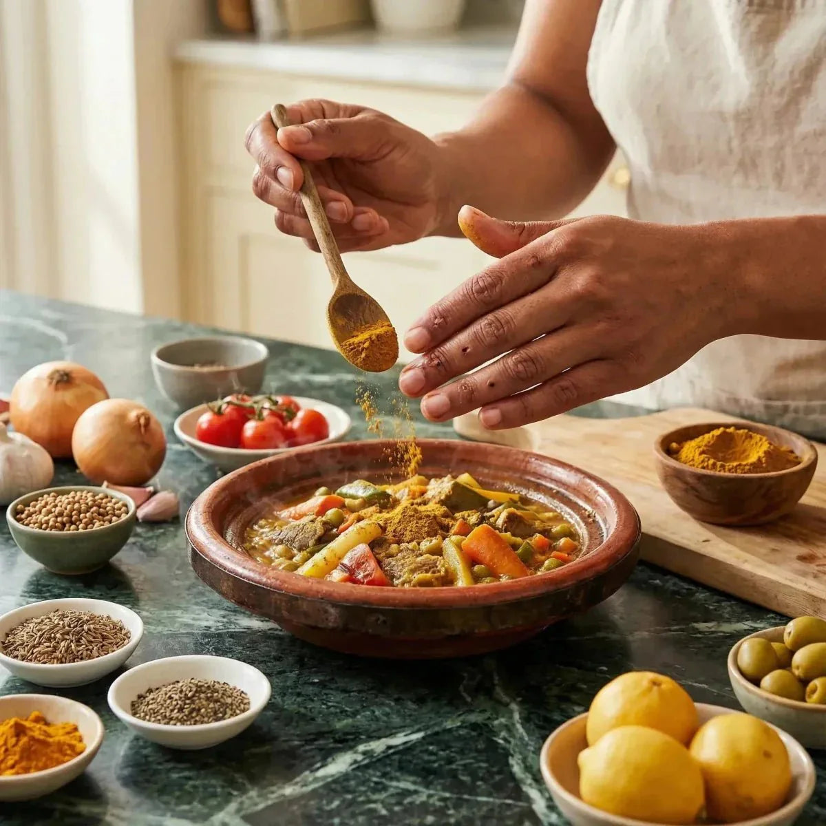 Raz el Hanout in confezione SAMIA, spolverato su un tajine di verdure fresche.