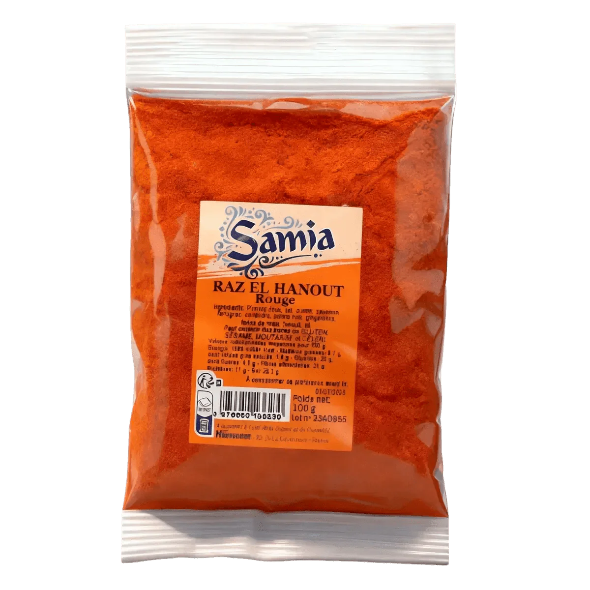 Bolsa de plástico de raz el hanout rojo, marca SAMIA. Acercamiento a la etiqueta del producto.