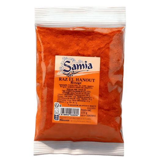 Bolsa de plástico de raz el hanout rojo, marca SAMIA. Acercamiento a la etiqueta del producto.
