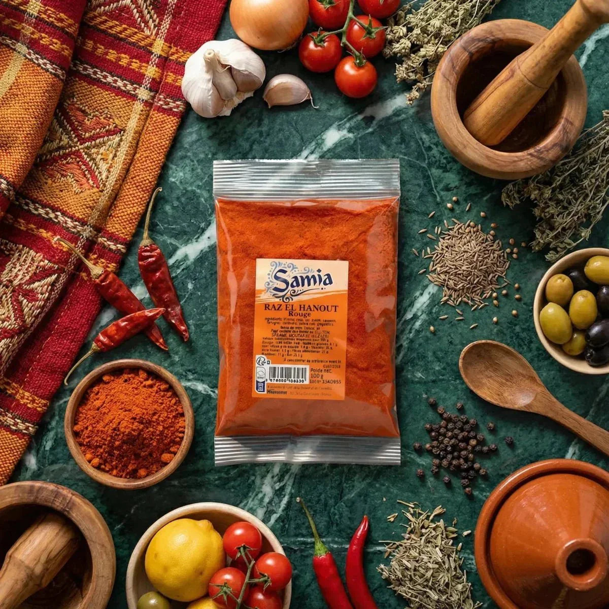 SAMIA, Rotes Raz el Hanout. Kulinarisches Stillleben mit frischen Zutaten und grün marmorierten Gewürzen.