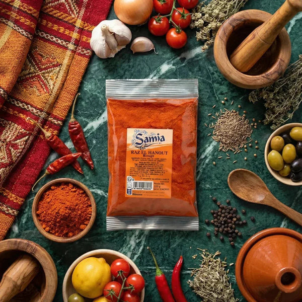 SAMIA, Red Raz el Hanout. Culinary still life with fresh ingredients and marbled green spices.